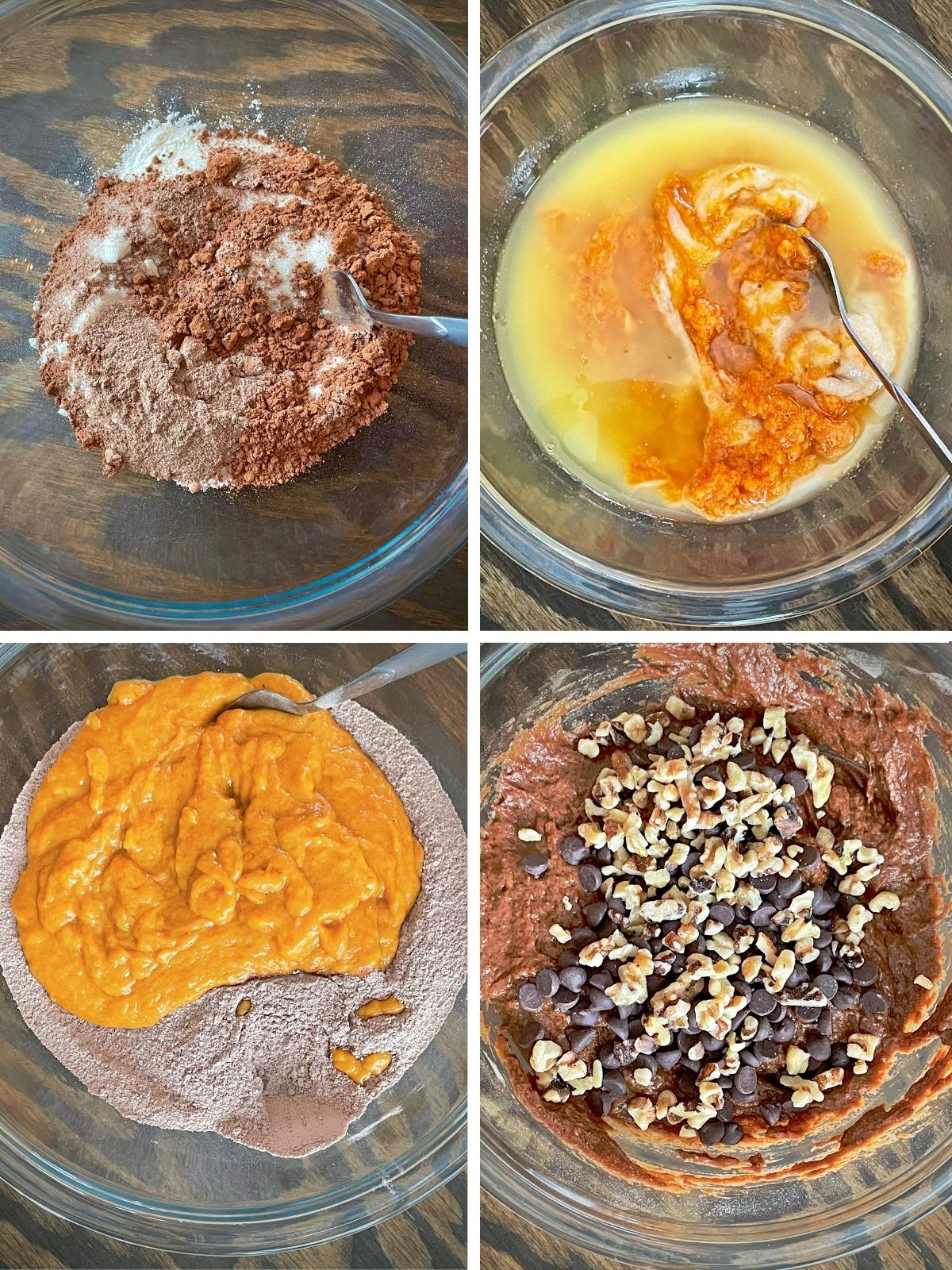 Steps for making pumpkin chocolate bread.