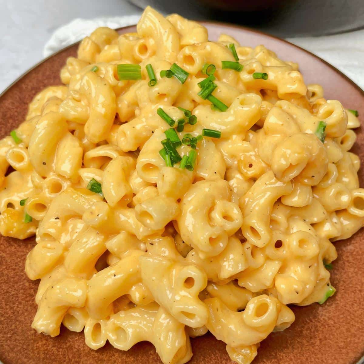 A plate with vegan macaroni and cheese.