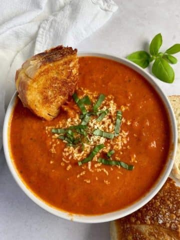 Vegan roasted tomato soup with a grilled cheese.