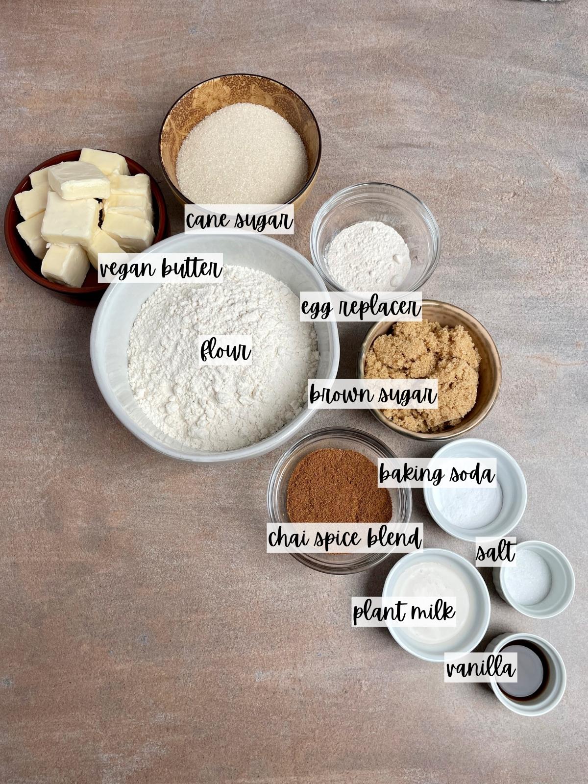 Labeled ingredients for chai cookies.