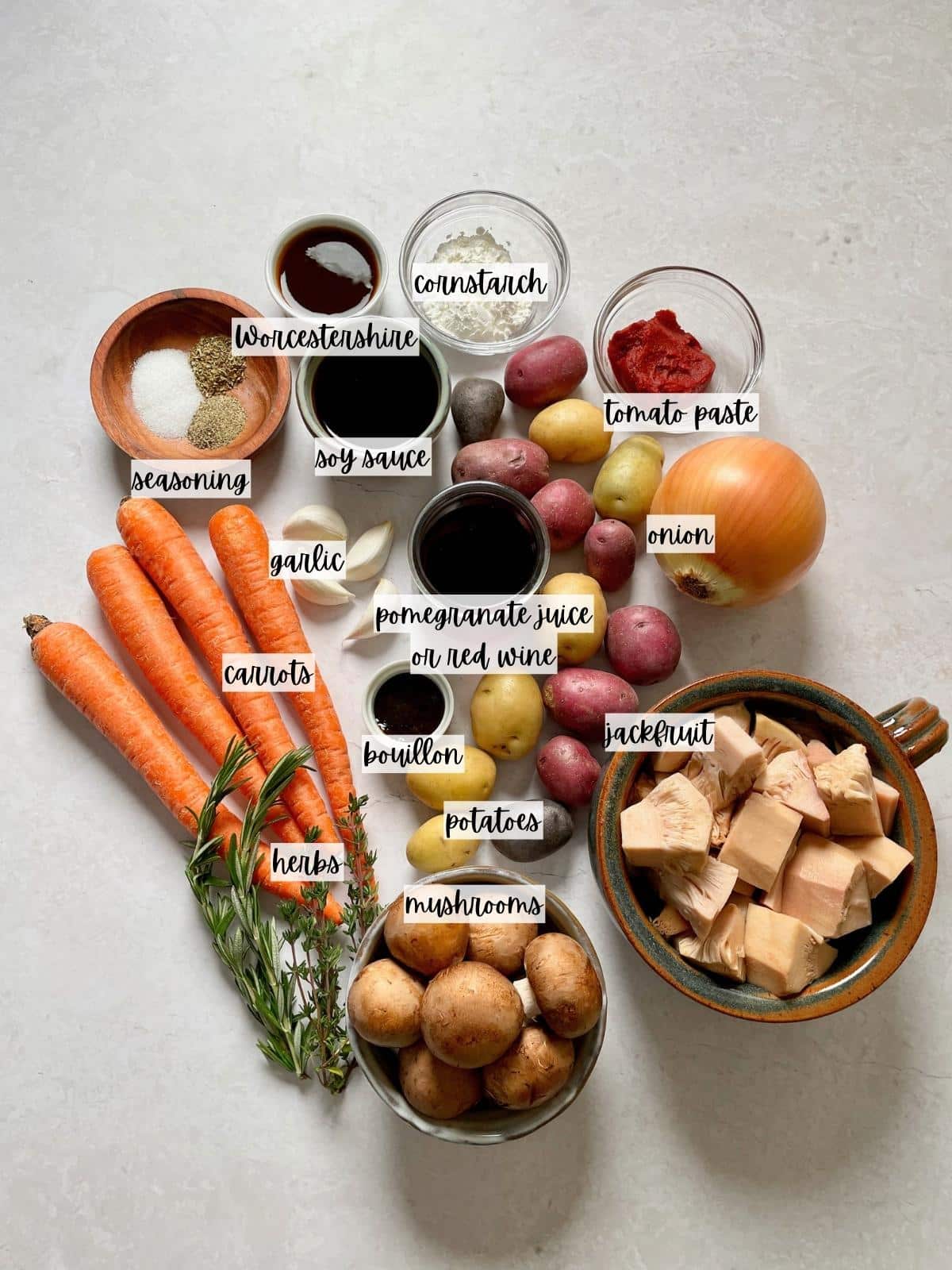Labeled ingredients for pot roast.