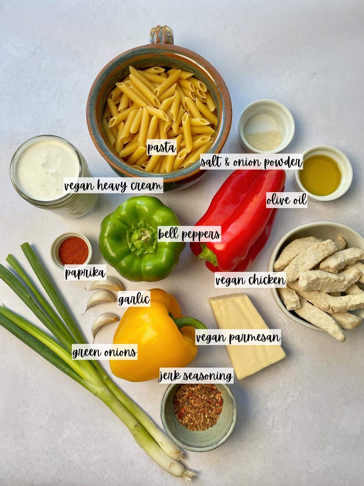 Labeled ingredients for rasta pasta.