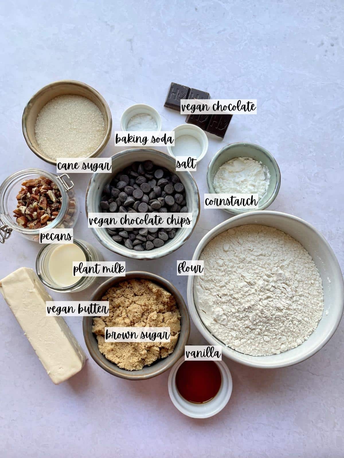 Labeled ingredients for the skillet cookie.
