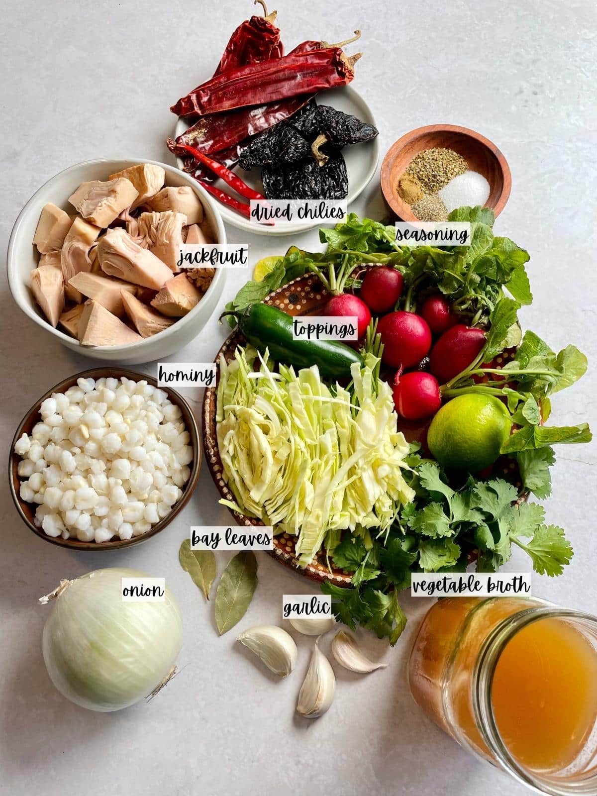 Labeled ingredients for vegan pozole.