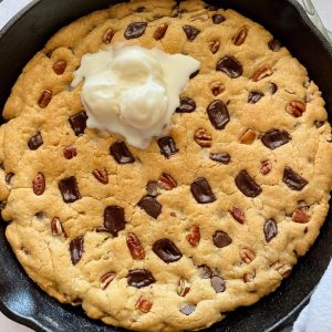 Up close view of a vegan skillet cookie.