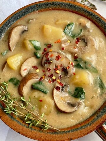 Up close view of mushroom potato soup.