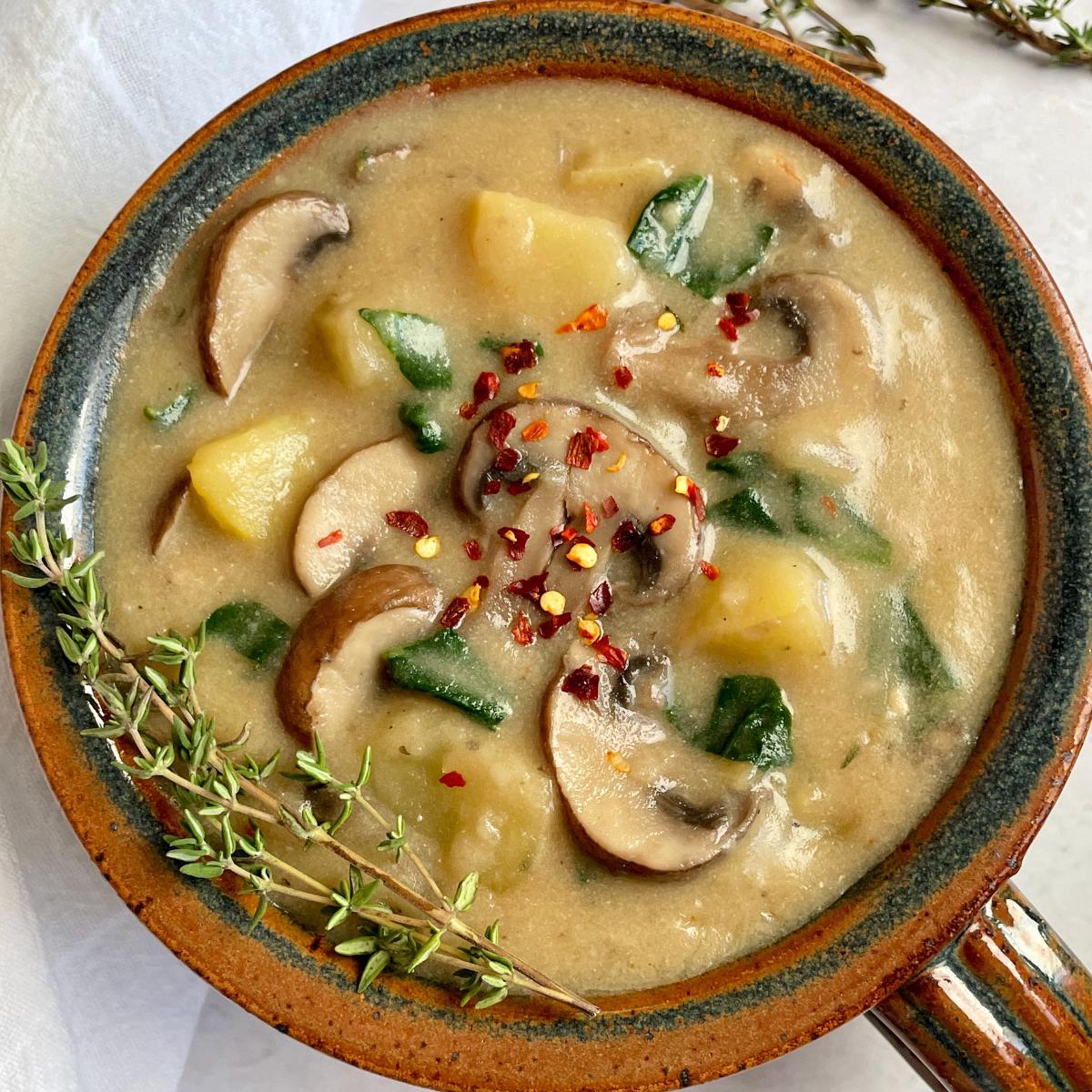 A big bowl of vegan potato mushroom soup.