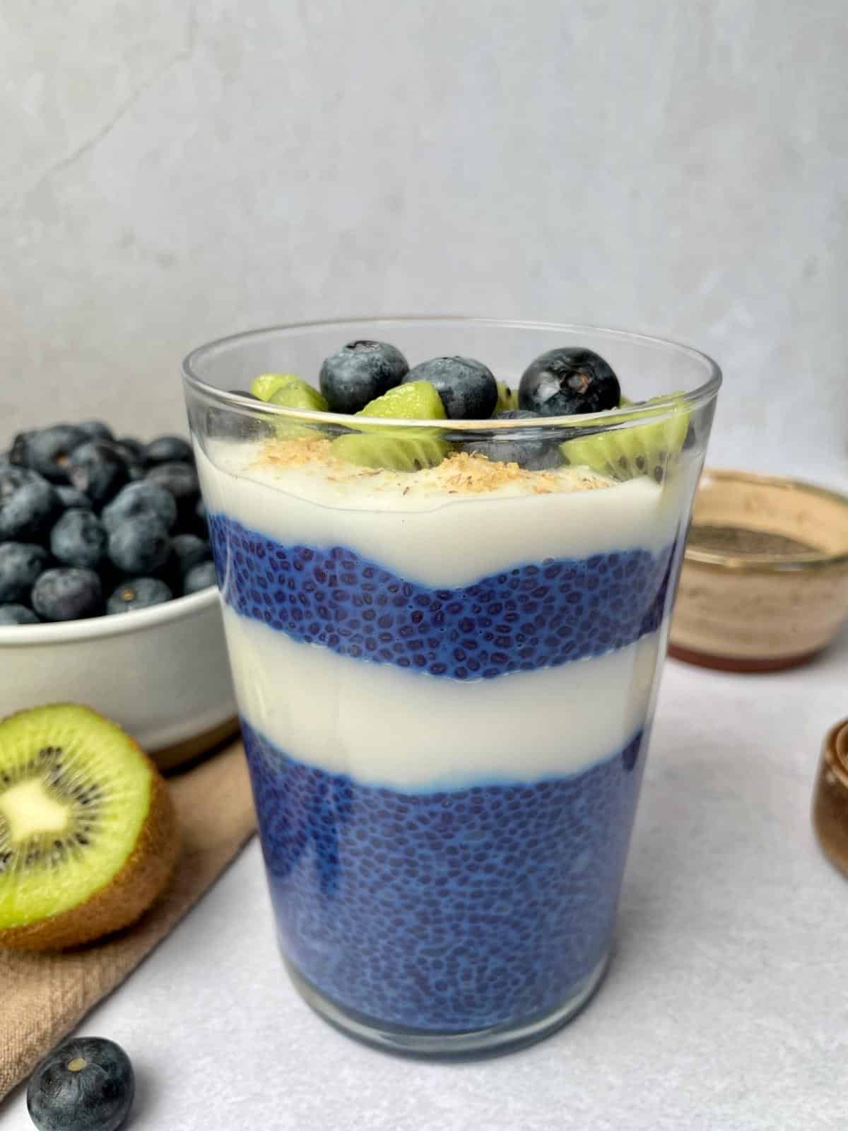 Blue chia and yogurt layers.