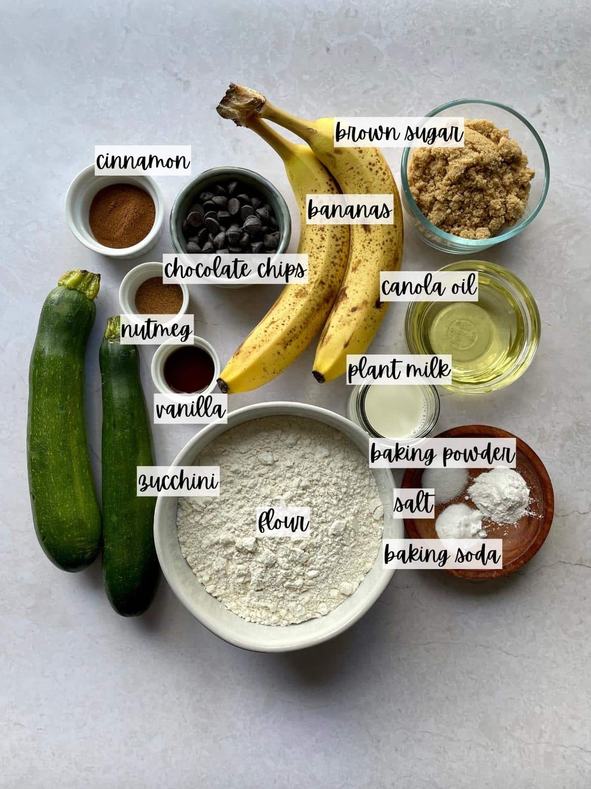 Labeled ingredients for zucchini banana bread.