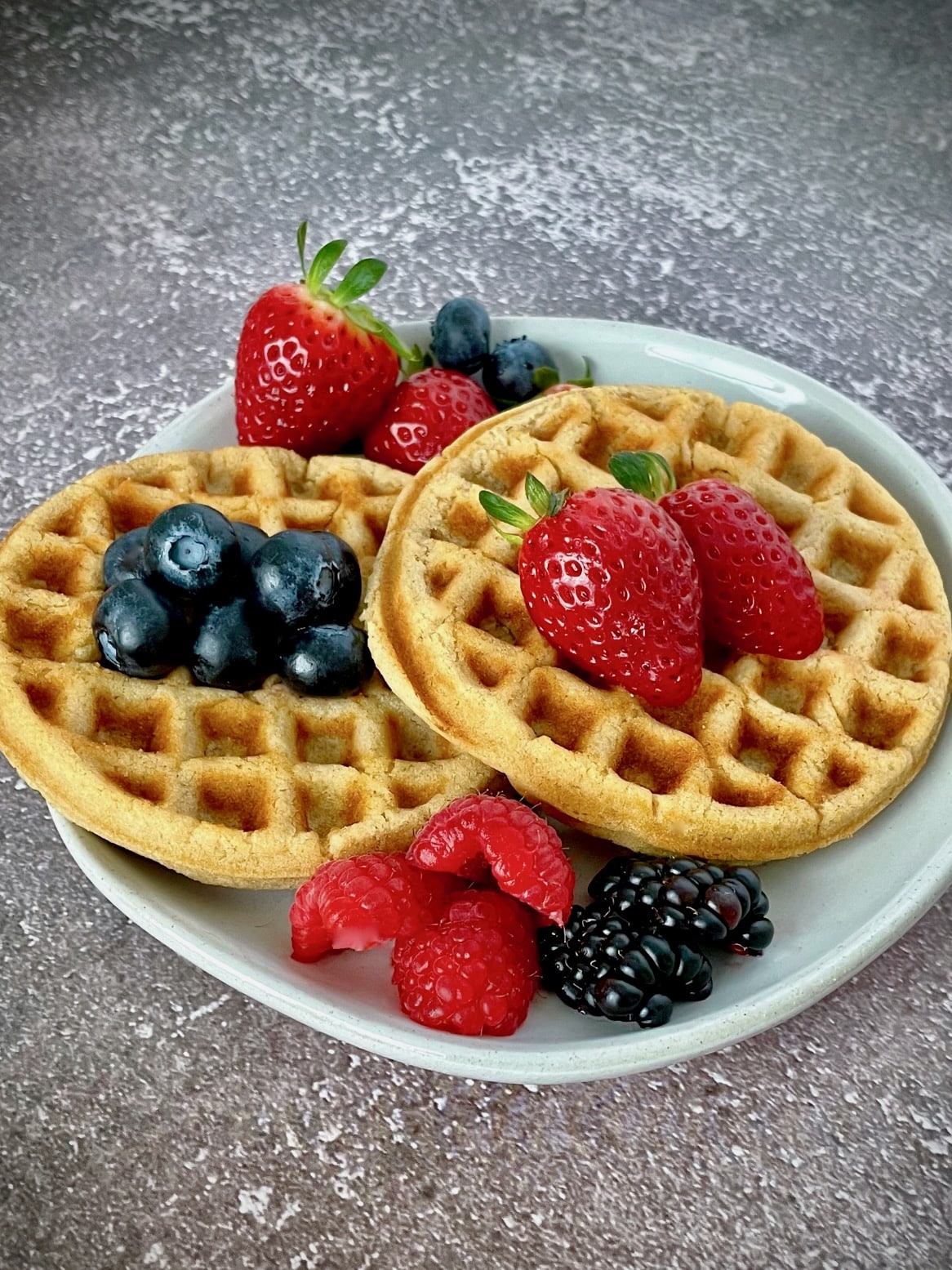 Protein waffles with fresh toppings.