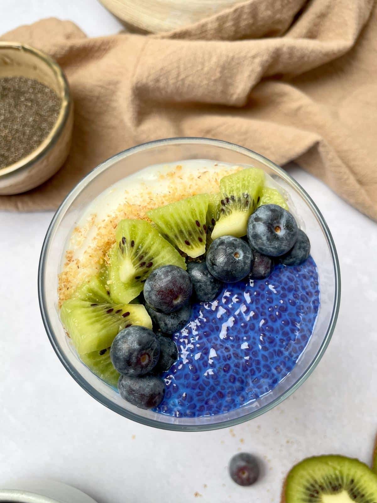Top view of blue chia pudding.
