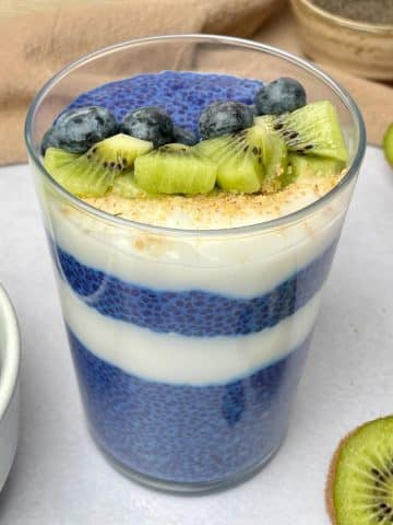 Up close view of blue chia pudding.
