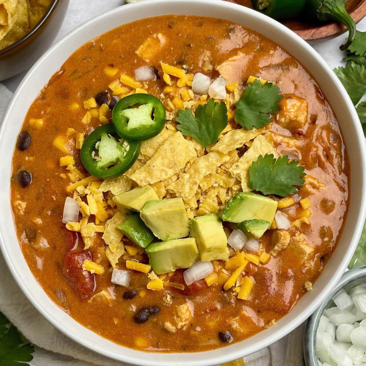 A bowl of vegan enchilada soup with toppings.