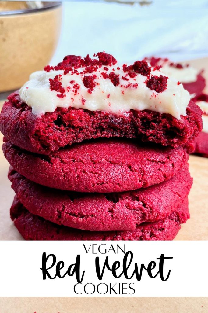 Pinterest pin of vegan red velvet cookies.