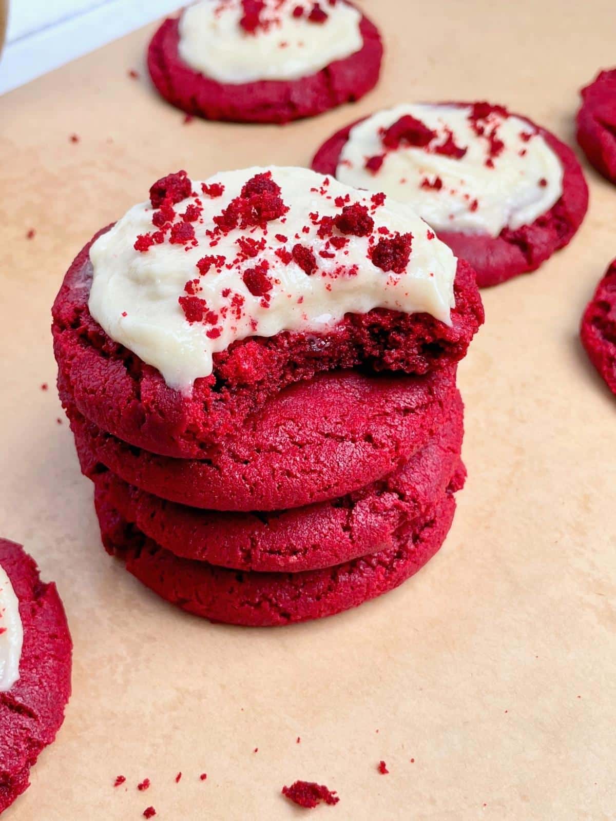 Stacked red velvet cookies.