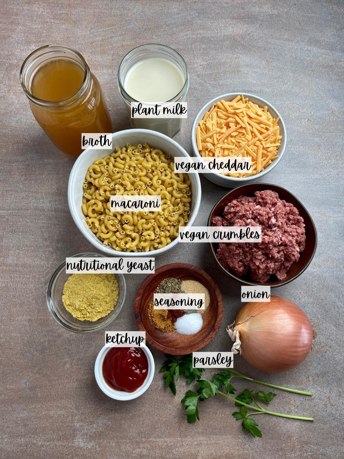 Labeled ingredients for hamburger helper.