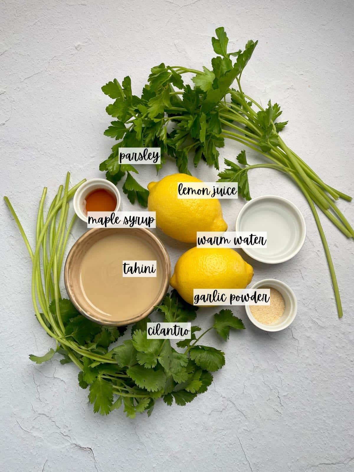 Labeled ingredients for lemon herb tahini.