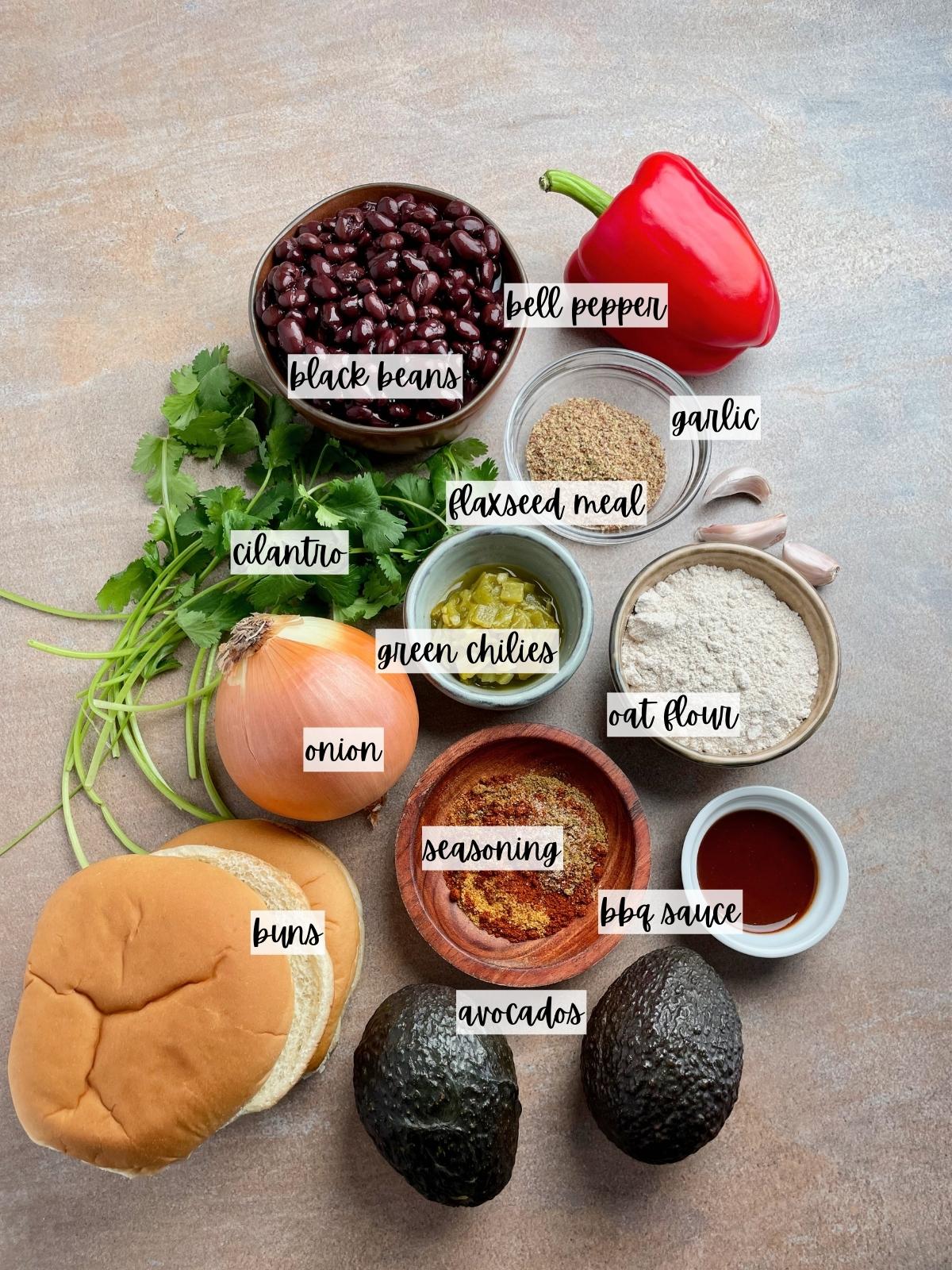 Labeled ingredients for southwestern burgers.