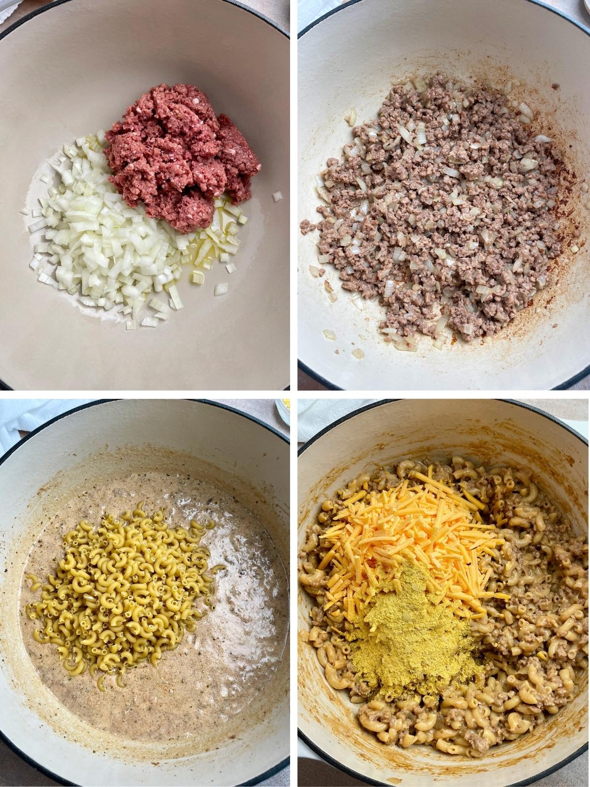 Process steps for making cheeseburger pasta.