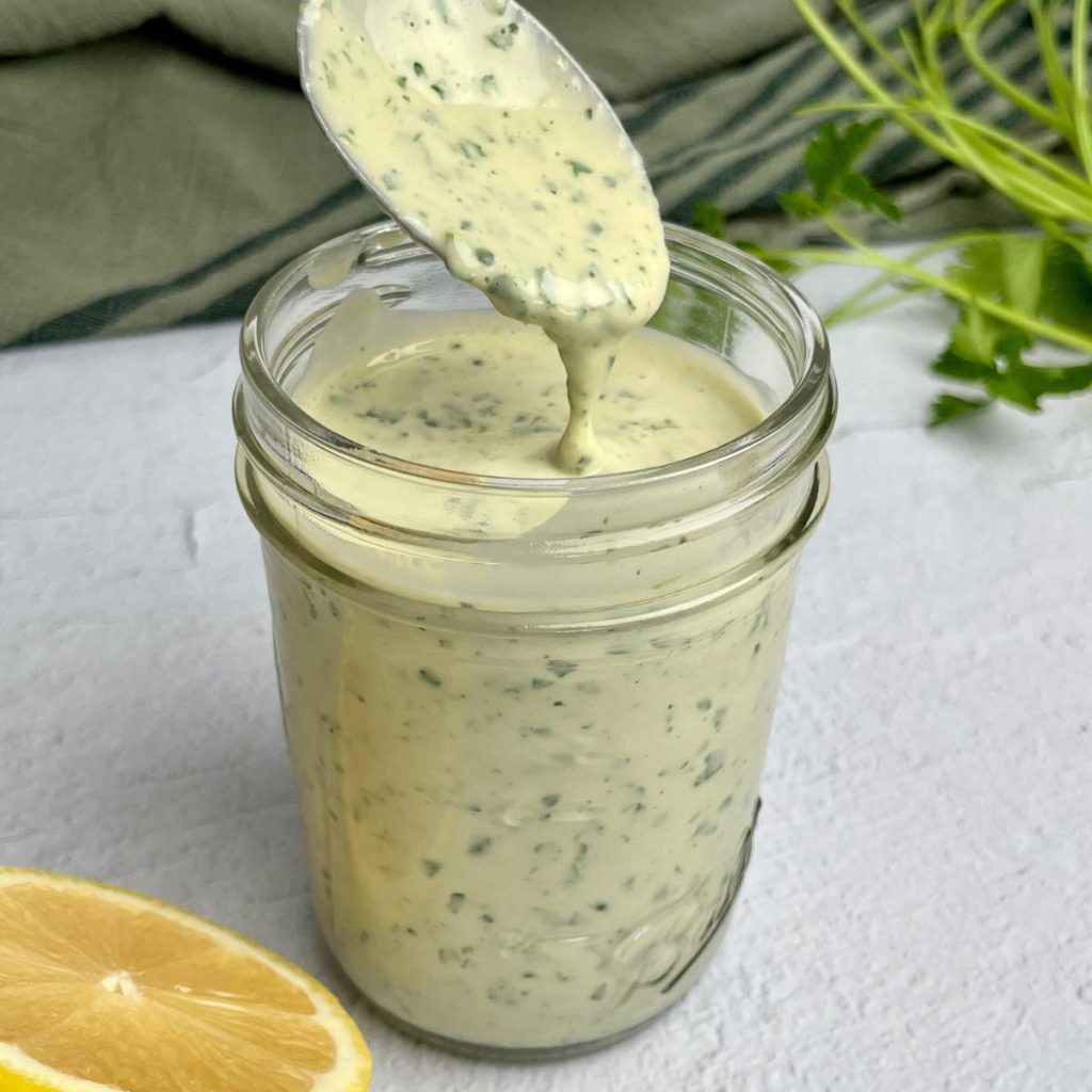 Up close view of lemon herb tahini.