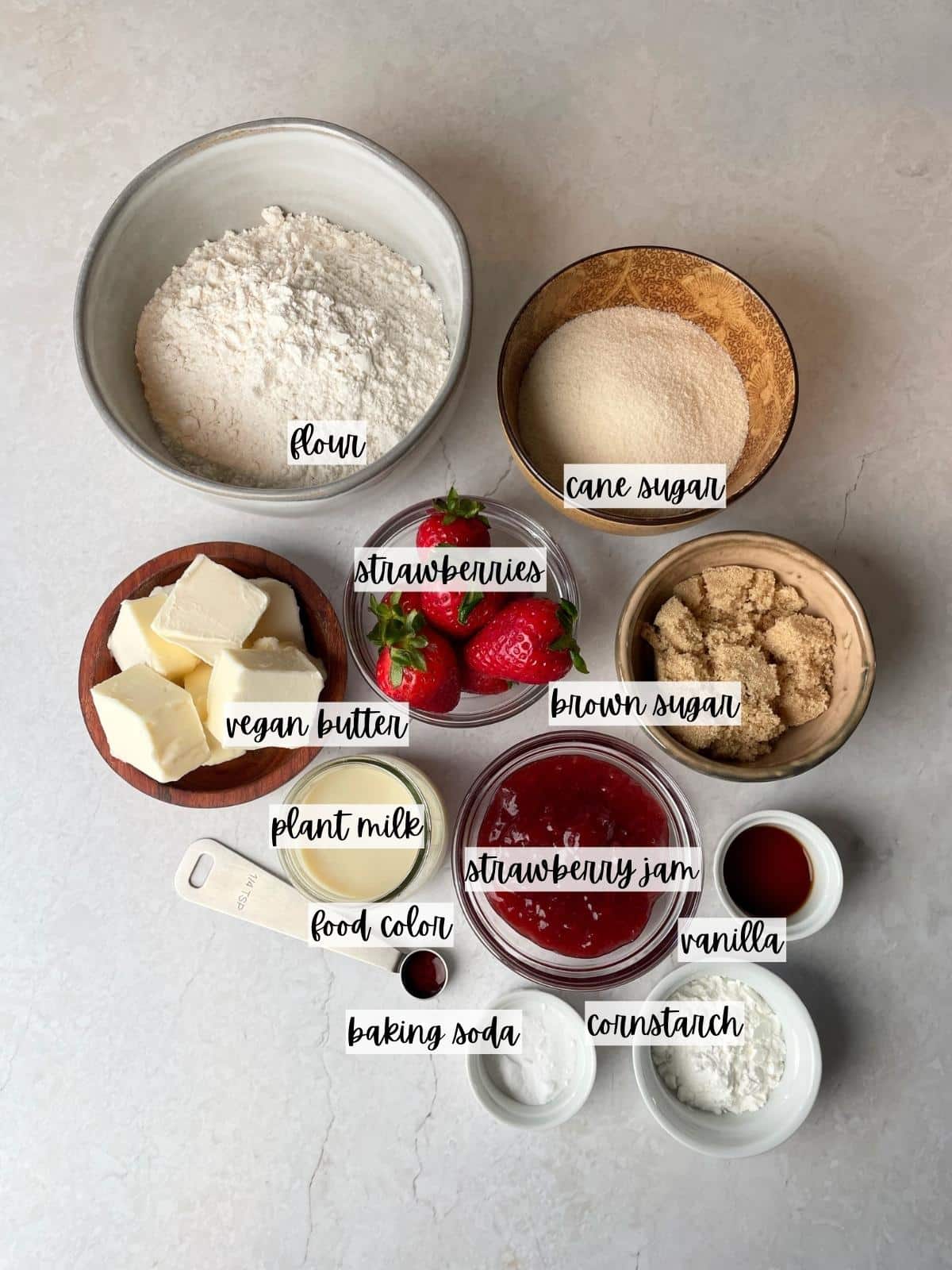 Labeled ingredients for strawberry cookies.