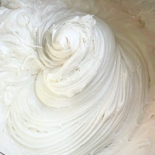 Zoomed in view of vegan cream cheese frosting swirl.