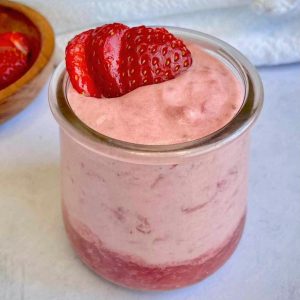 Up close view of strawberry mousse.