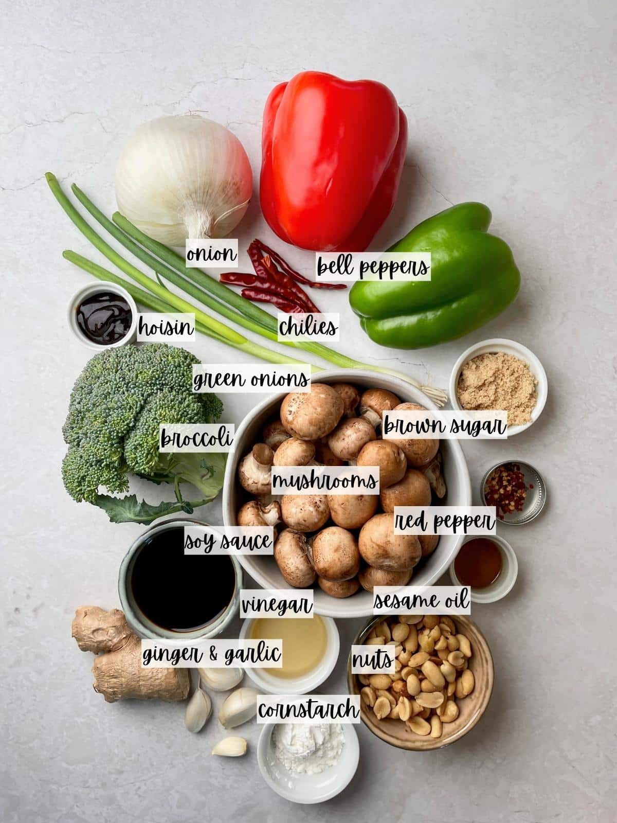 Labeled ingredients for kung pao vegetables.