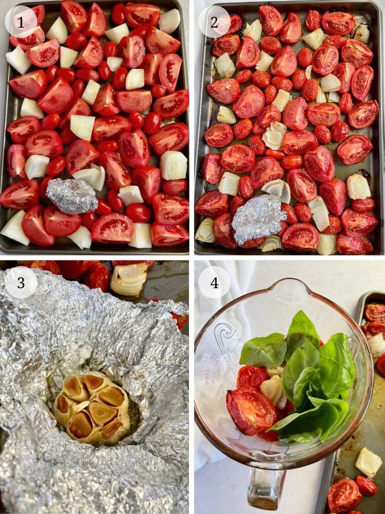 Process steps for making roasted tomato soup.