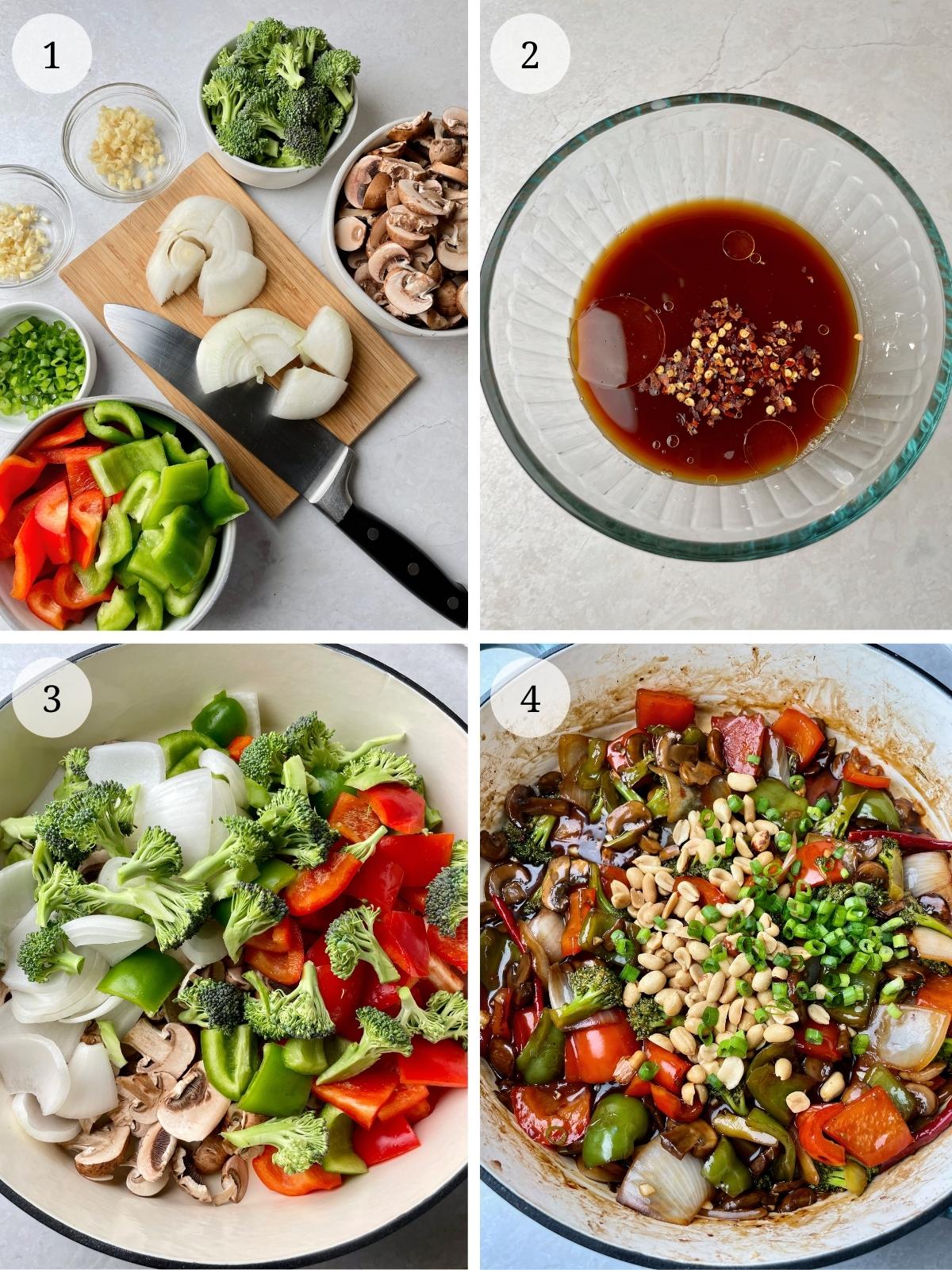 Steps for making kung pao veggies.