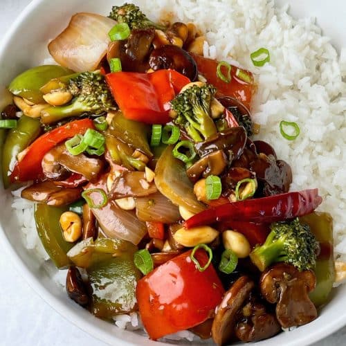 Up close view of kung pao vegetables.