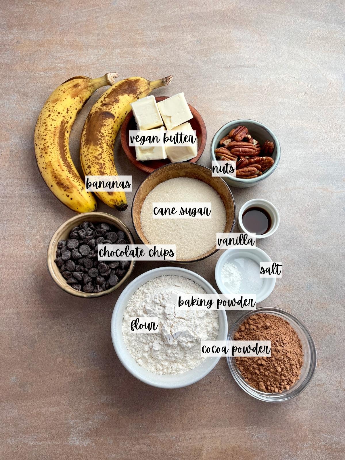 Labeled ingredients for banana brownies.
