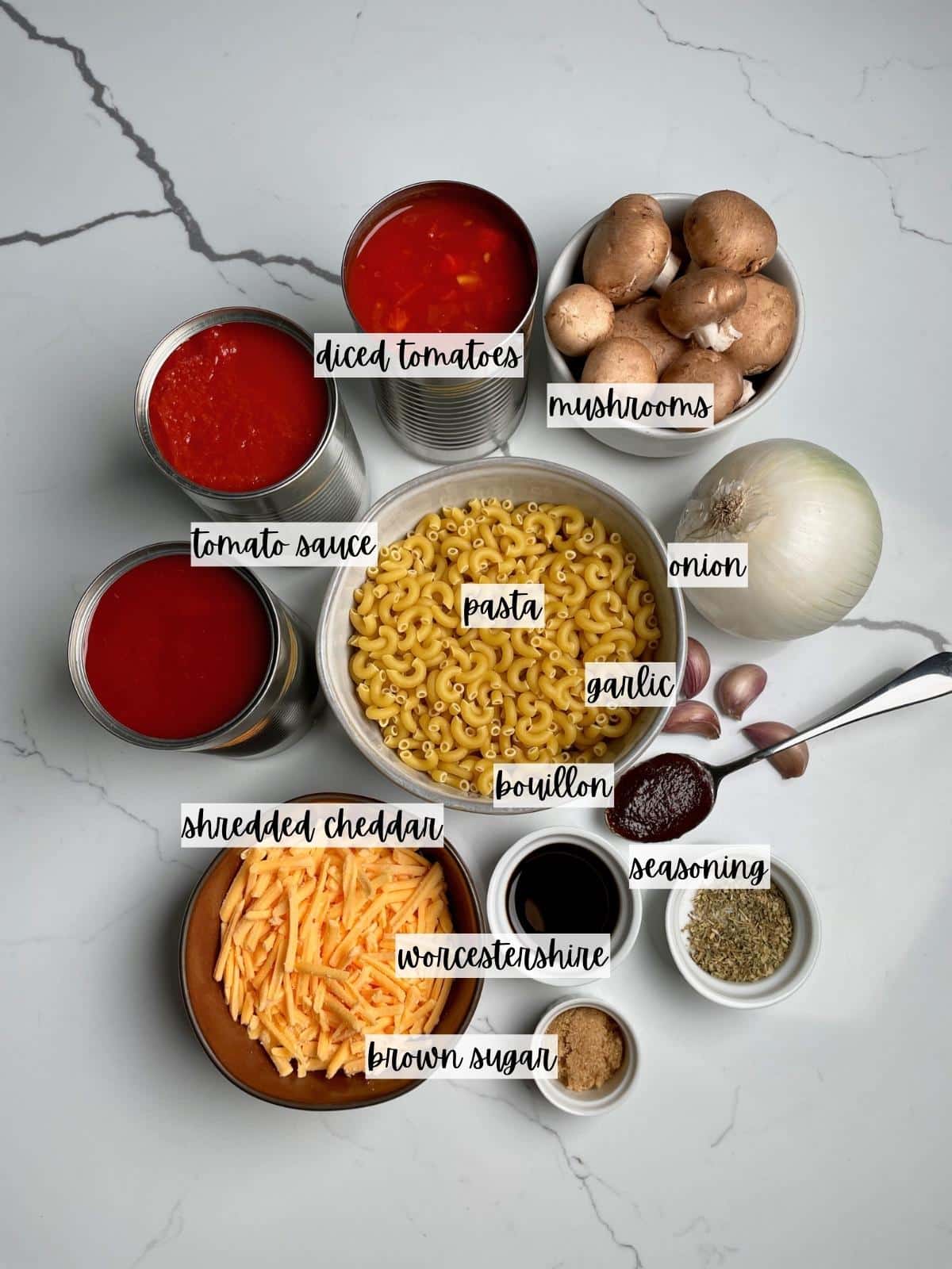 Labeled ingredients for american goulash.