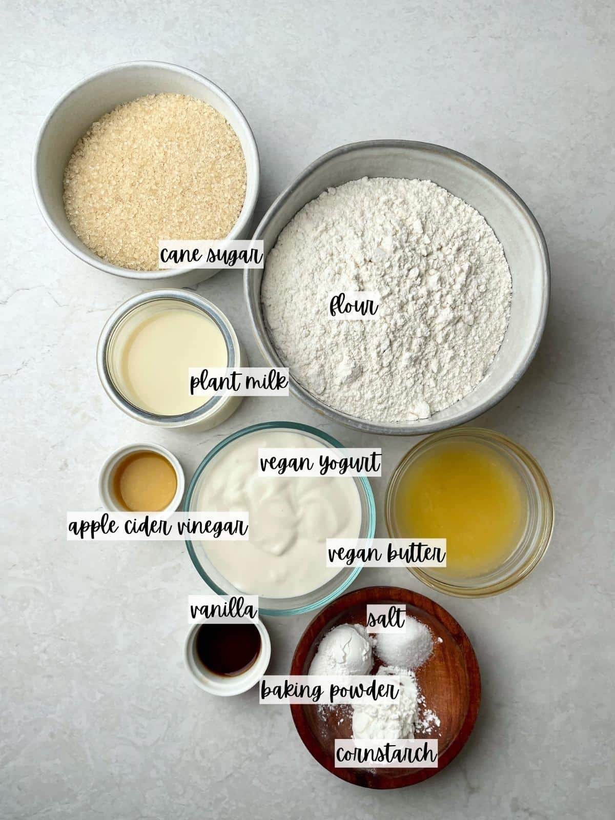 Labeled ingredients for loaf cake.