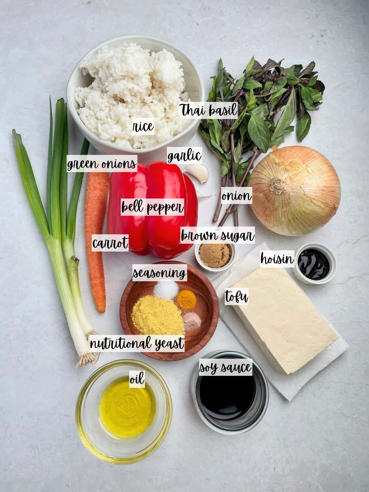 Labeled ingredients for thai fried rice.