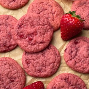 Close up view of strawberry cookies.