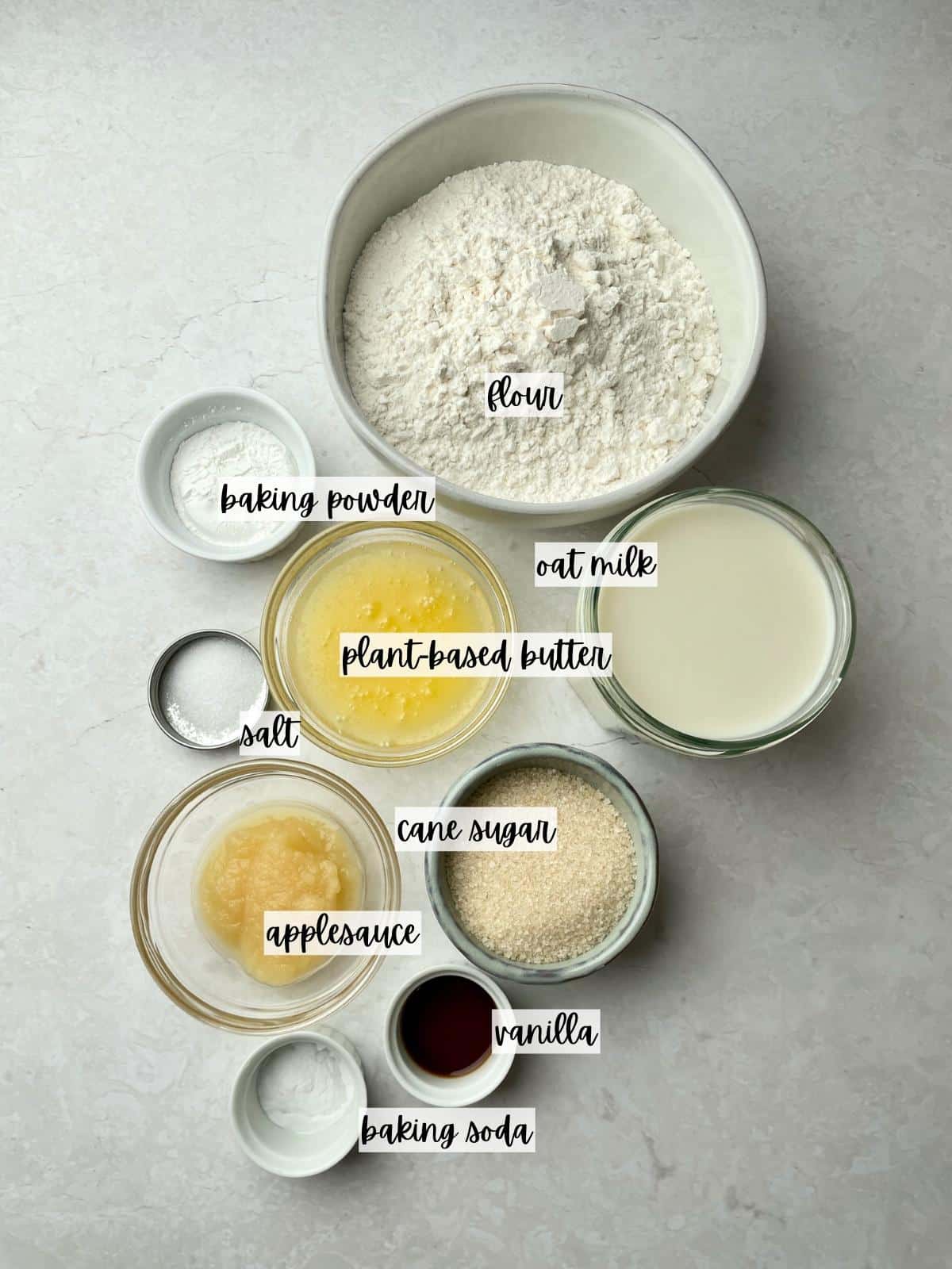 Labeled ingredients for oat milk pancakes.