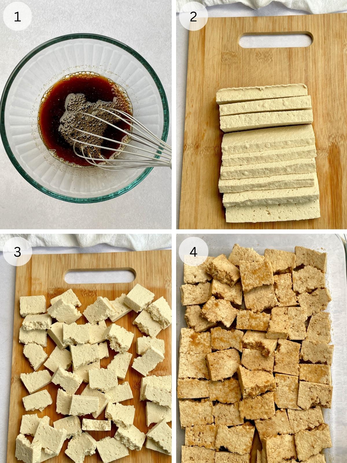 Steps for marinading tofu nuggets.