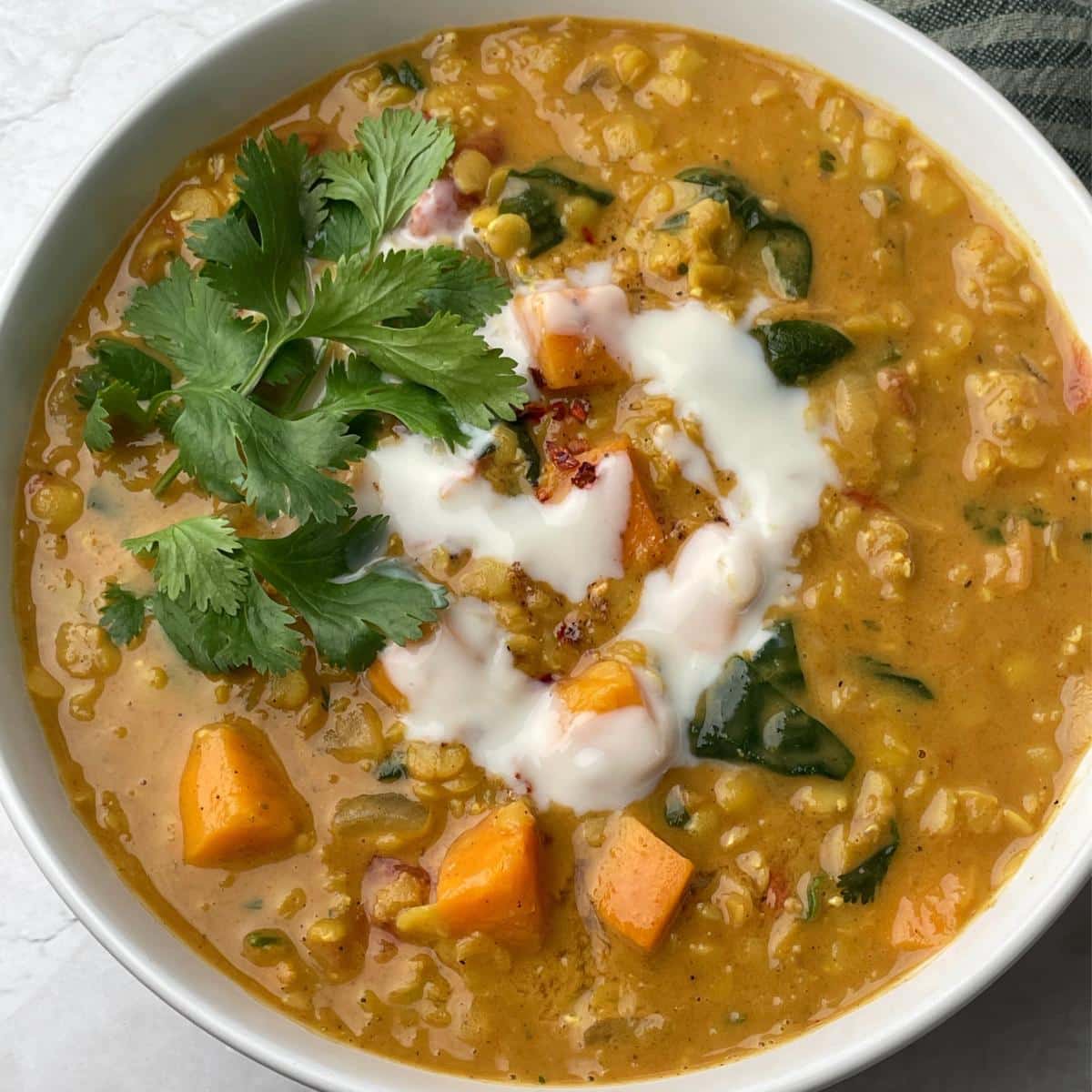 A bowl of red curry lentils with coconut yogurt and cilantro on top.