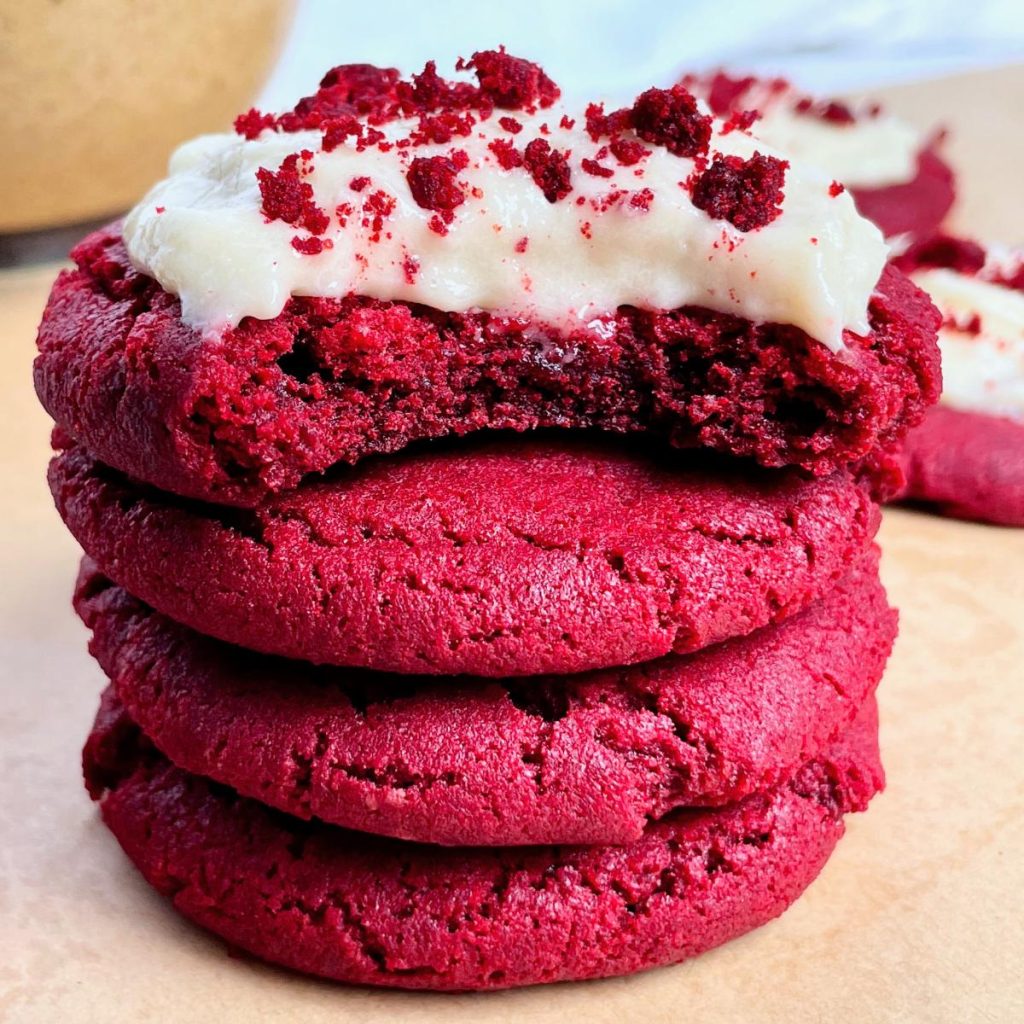Zoomed in image of stacked red velvet cookies.