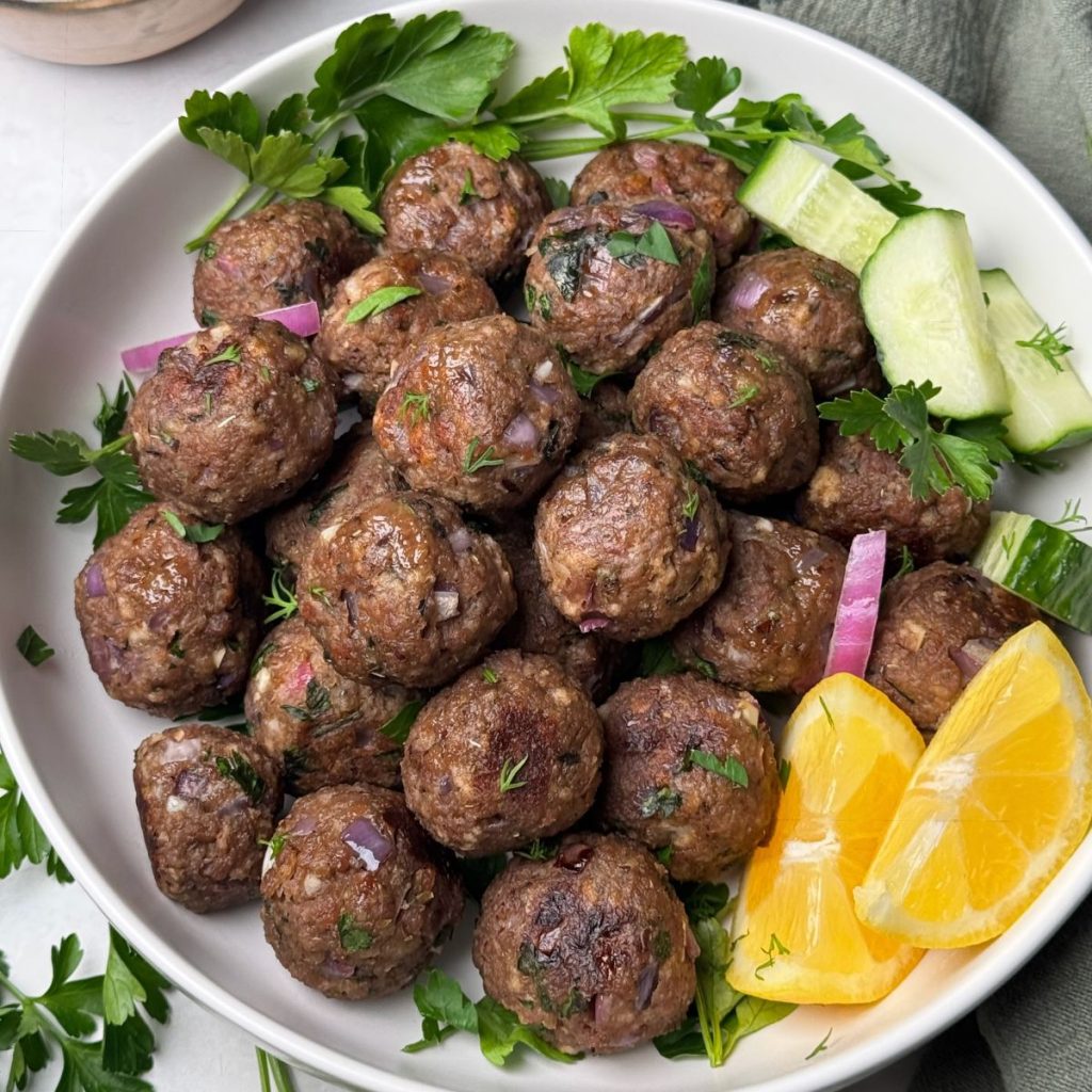 Up close view of vegan Greek meatballs.