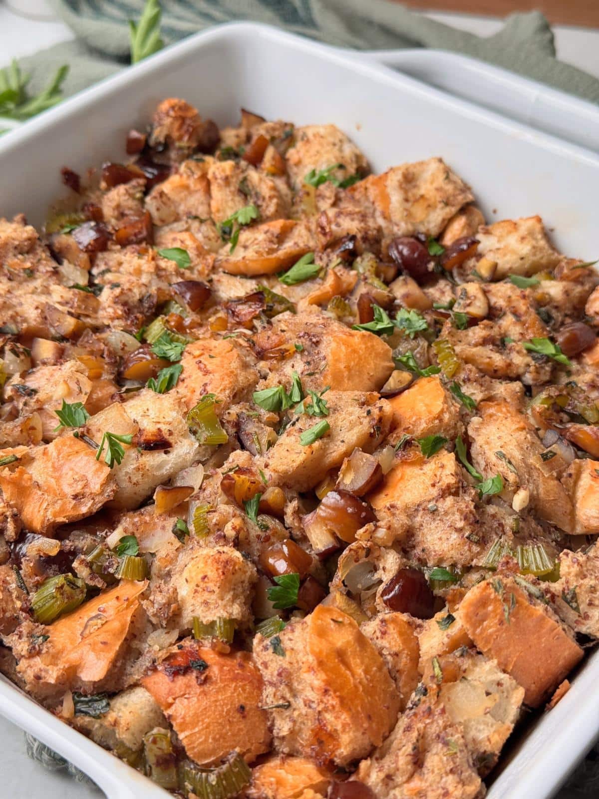 Angled view of vegan stuffing.