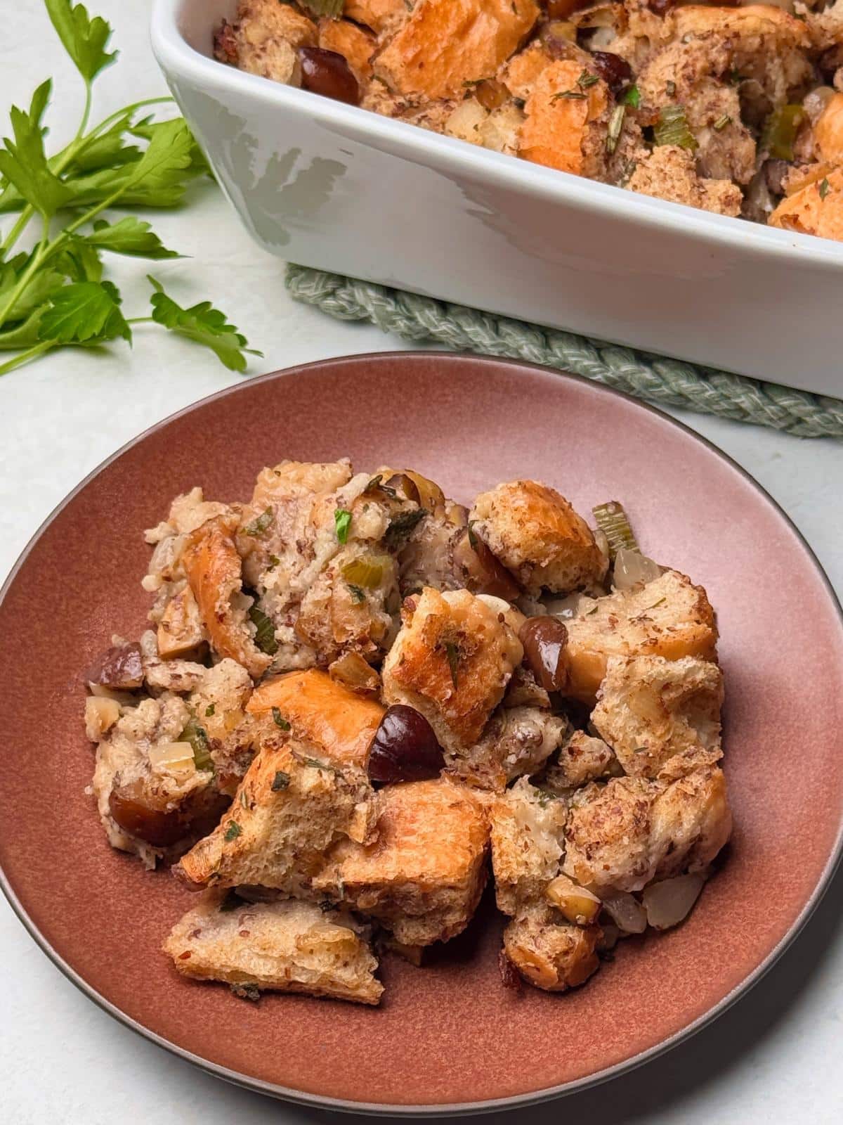 Chestnut stuffing or dressing on a plate.