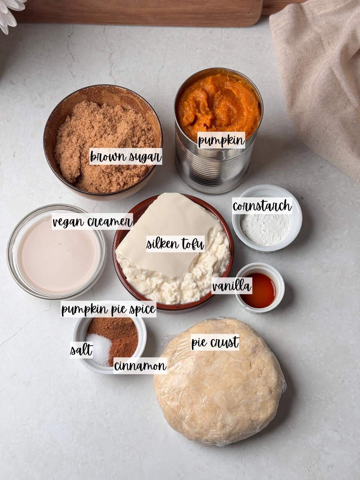 Labeled ingredients for tofu pumpkin pie.