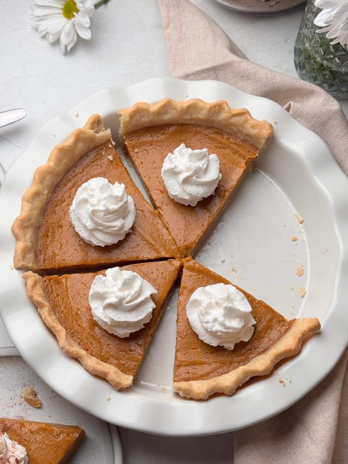 Slices of pumpkin pie with whipped cream.