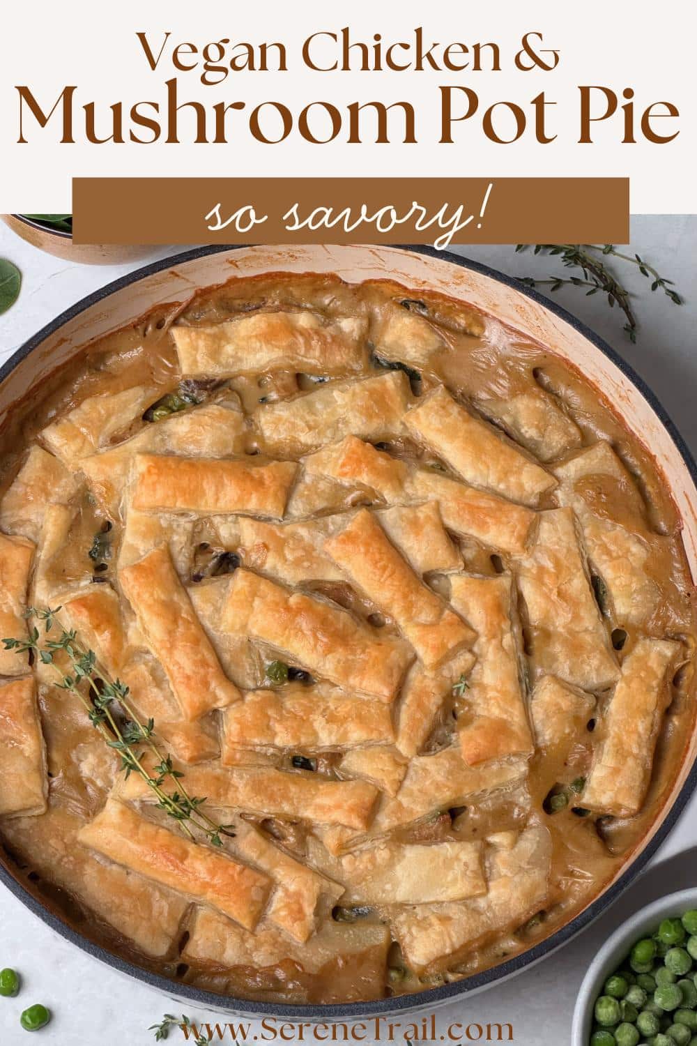 A pinterest pin image of vegan chicken and mushoom pie.