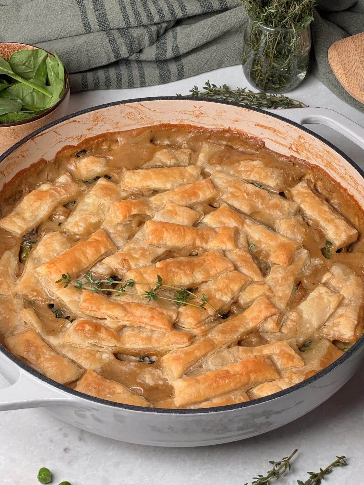 Angled view of a mushroom pie.