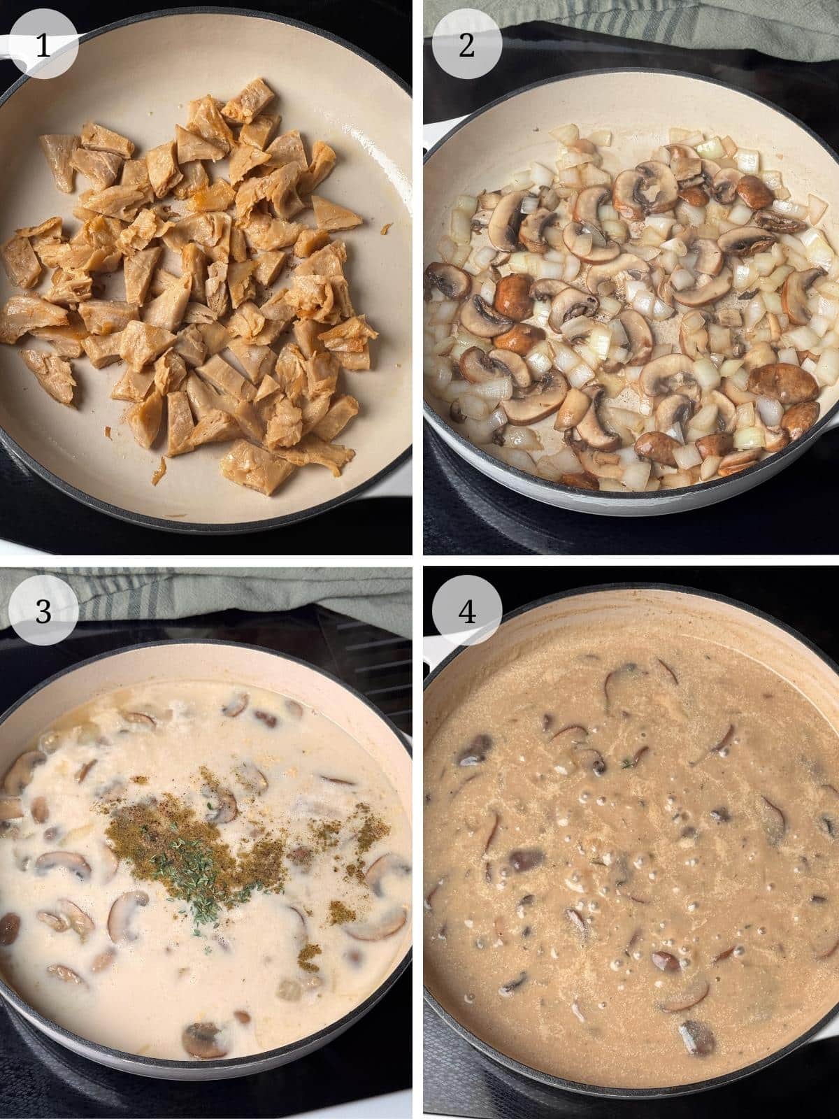 First set of steps for vegan chicken mushroom pie.