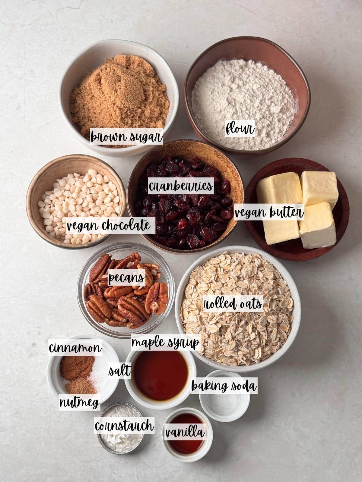 Labeled ingredients for cranberry cookies.