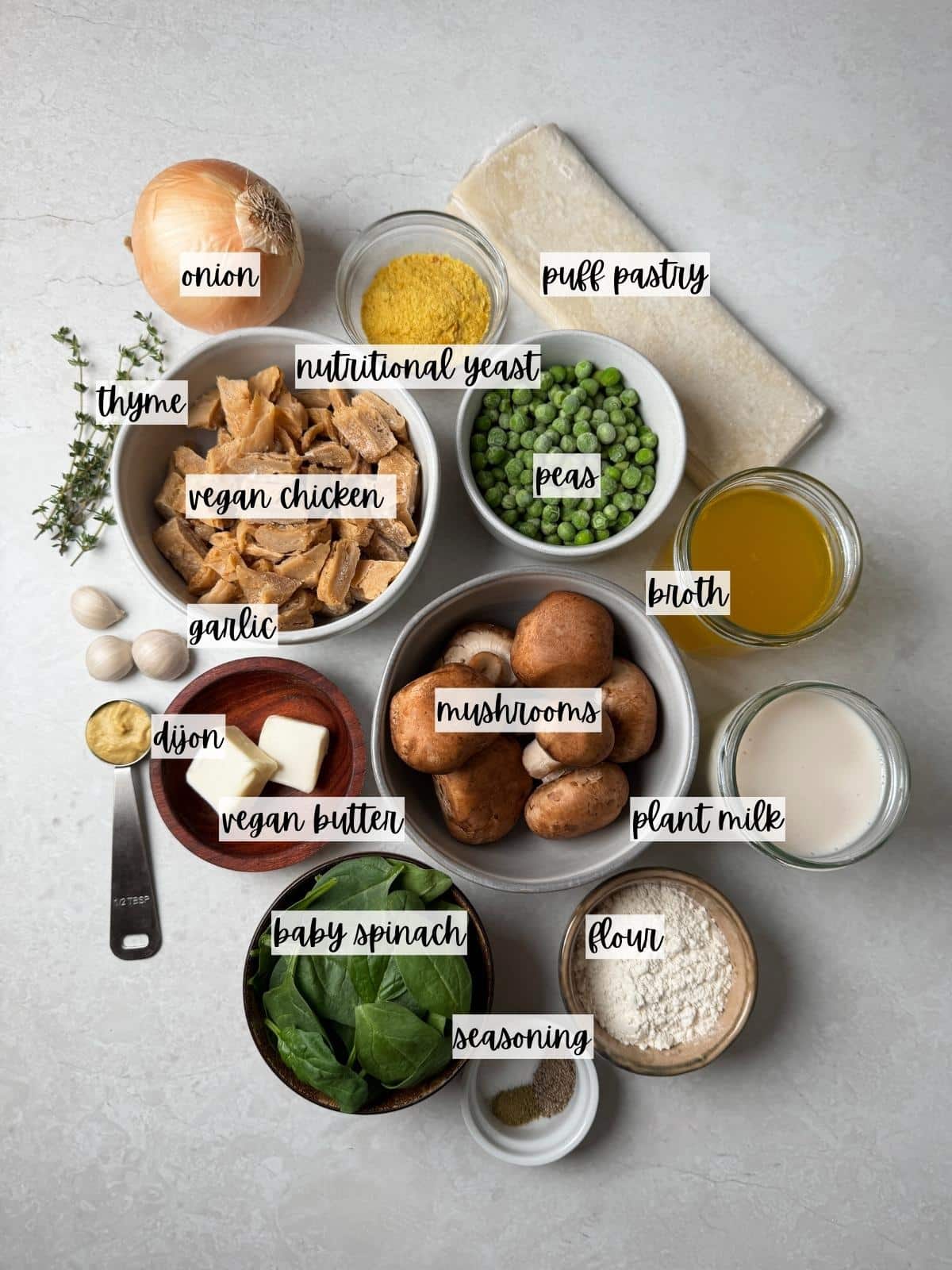 Labeled ingredients for mushroom pot pie.